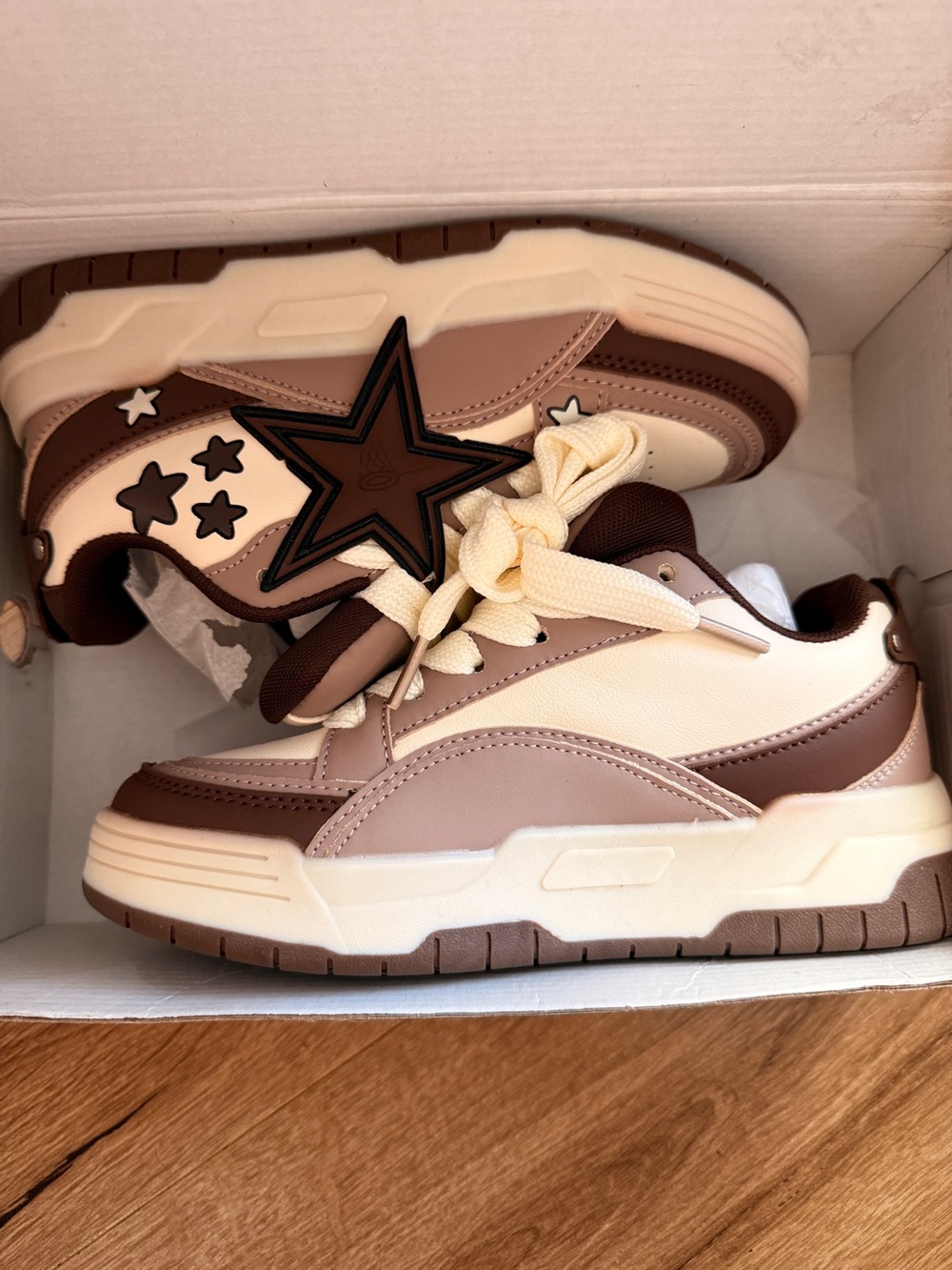 NEW Star Accent Chunky Sneakers in Brown & Cream